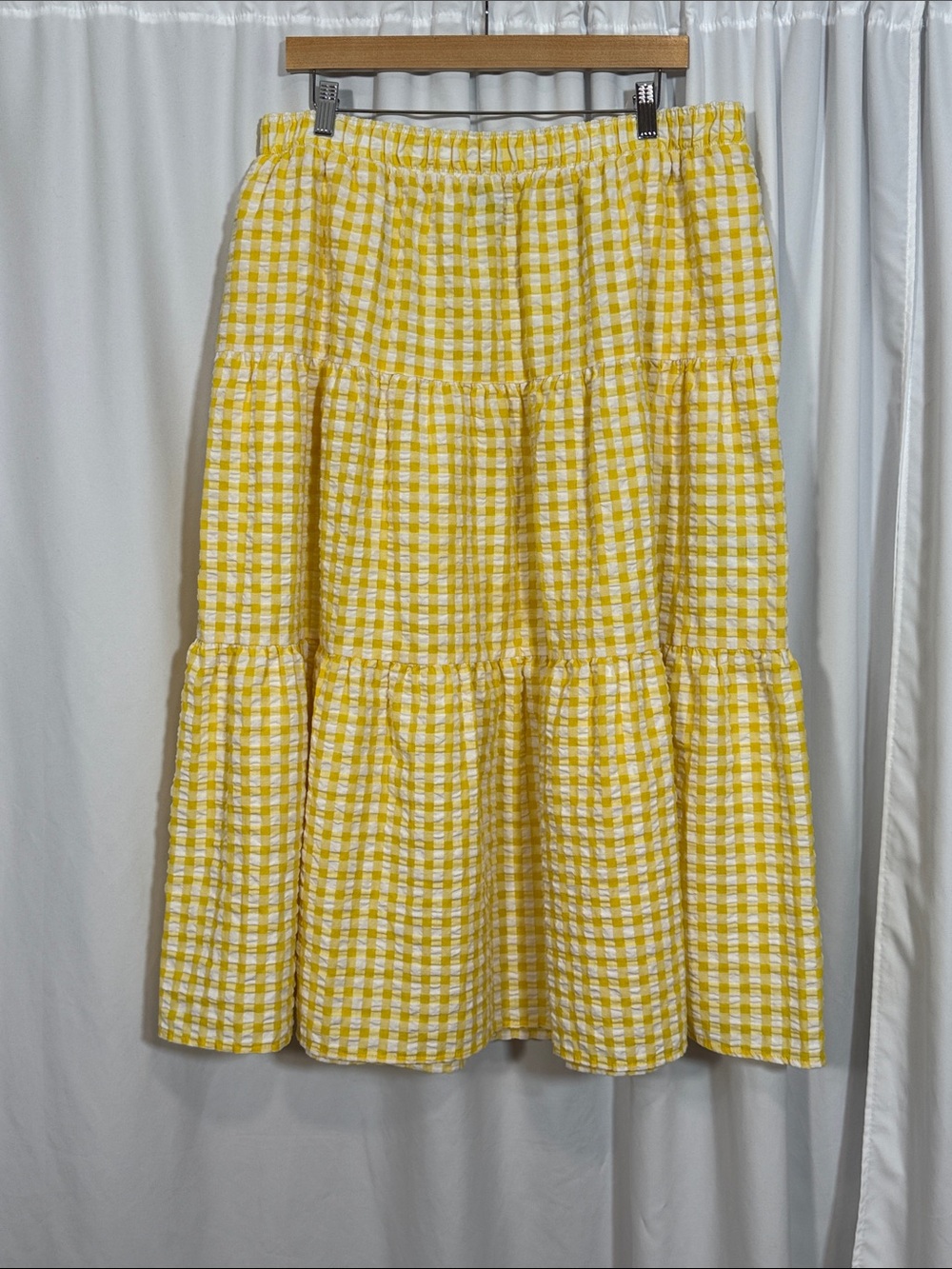 Old Navy Yellow and White Gingham Tiered Midi Skirt